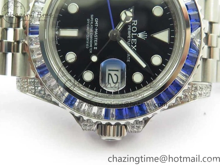 MiroTime 0401 GMT-Master II White Blue Diamonds Bezel 904L Steel GMF Best Edition Black Dial On Jubilee Bracelet SA3285 CHS V Original 2579